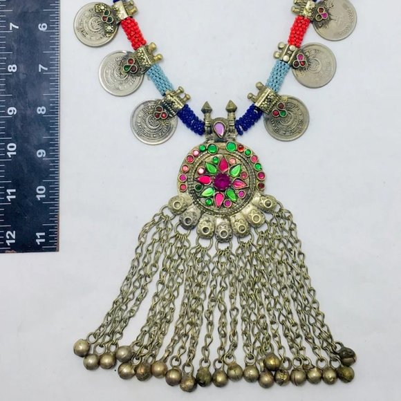 Vintage Coins Necklace With Dangling Pendant,Tribal Beaded Pendant Necklace - Picture 9 of 9